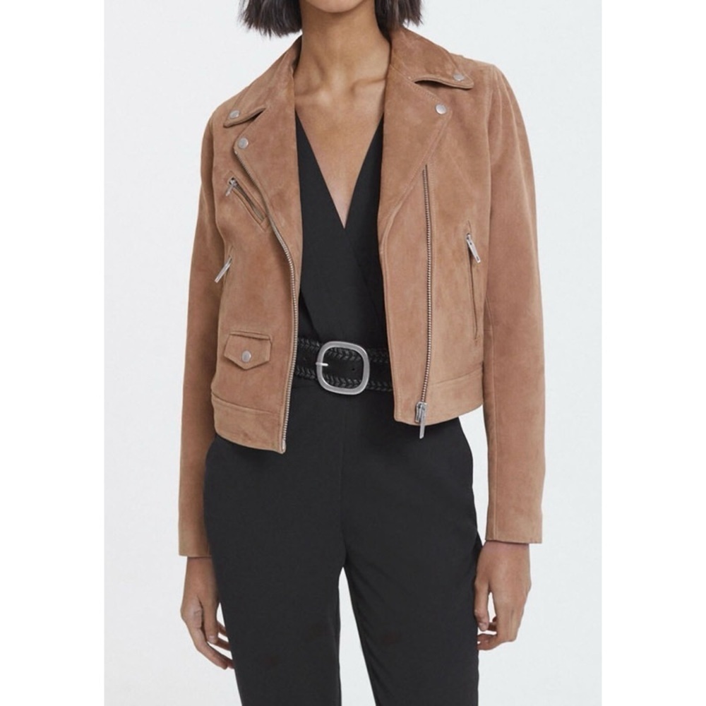 THE KOOPLES Suede Leather Zipped Camel Biker Jacket